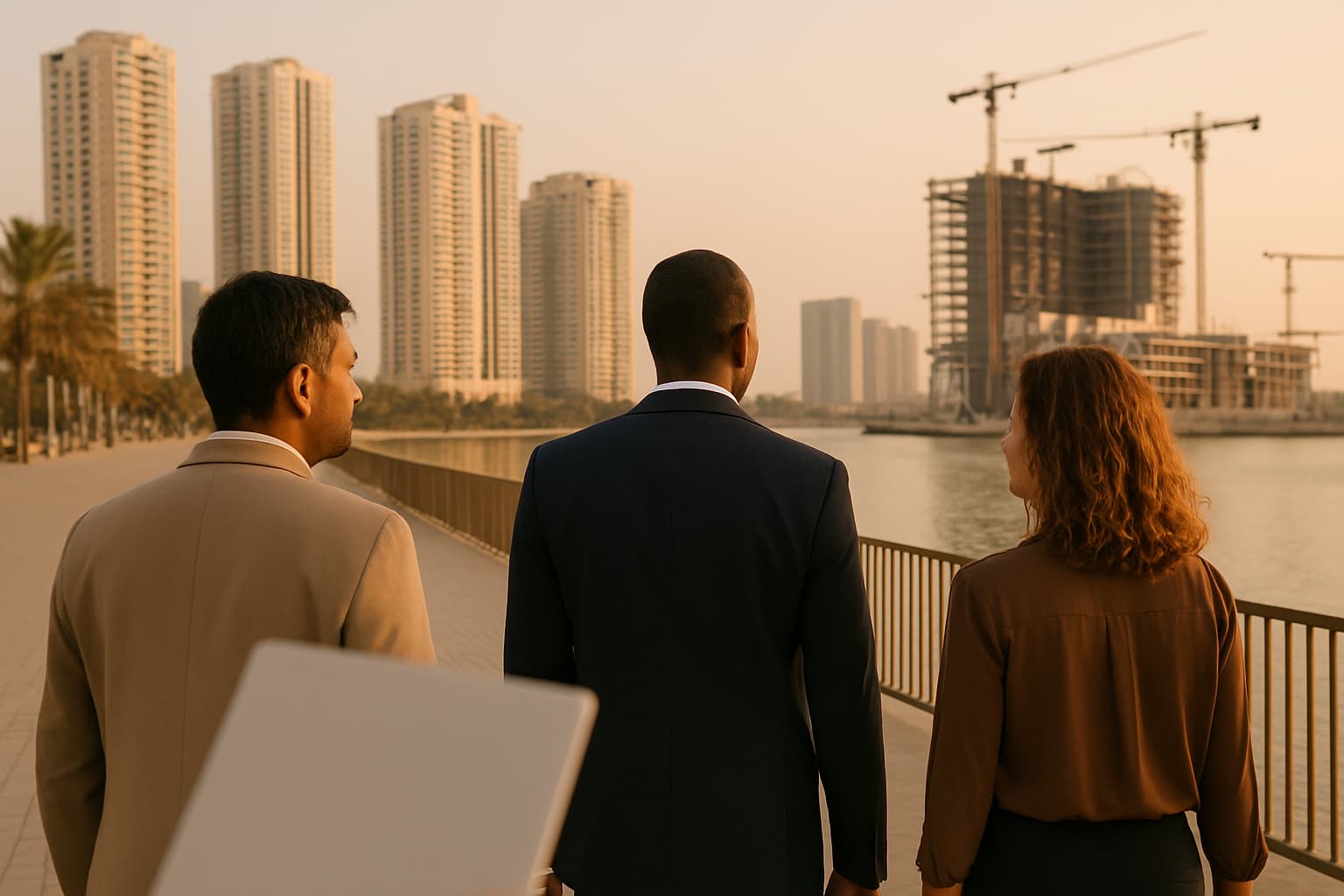 Three professionals walking along Sharjah waterfront looking toward new residential development at sunset.
