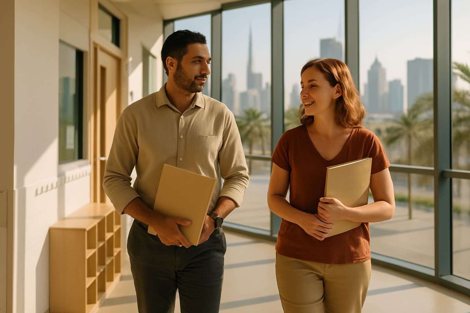 Two teachers in a bright Dubai school corridor chatting, holding blank folders with city skyline beyond.