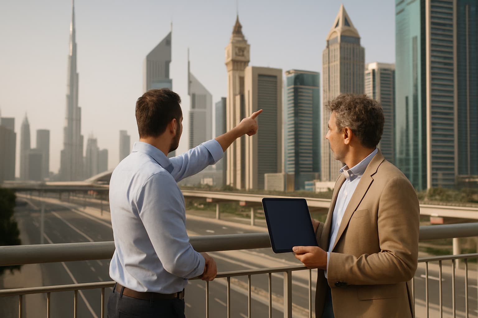 Two professionals on a bridge overlooking Dubai business district, pointing toward office towers and skyline.