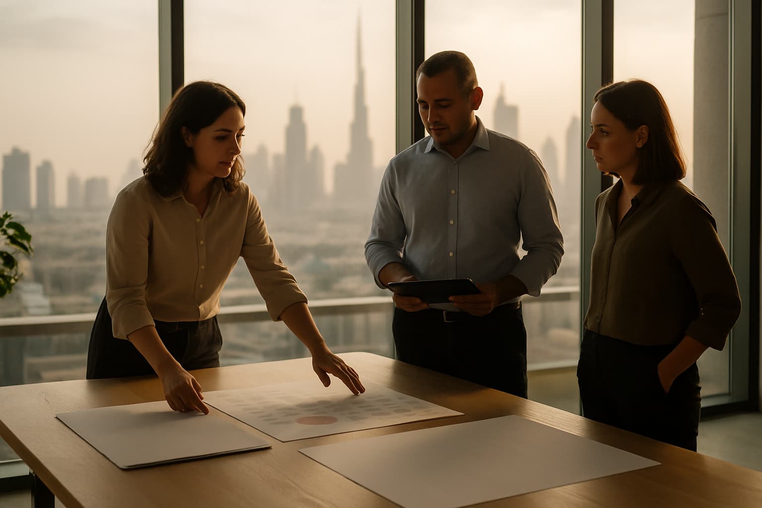 Three professionals in a planning office discuss blank charts by a window with Dubai skyline at dusk.