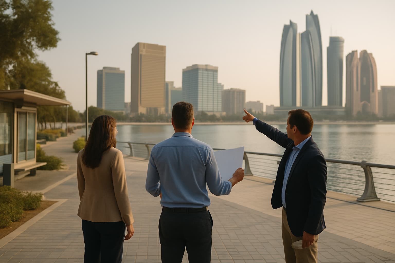 Three investors at a waterfront plaza looking toward Abu Dhabi skyline, one pointing at towers, blank map visible.