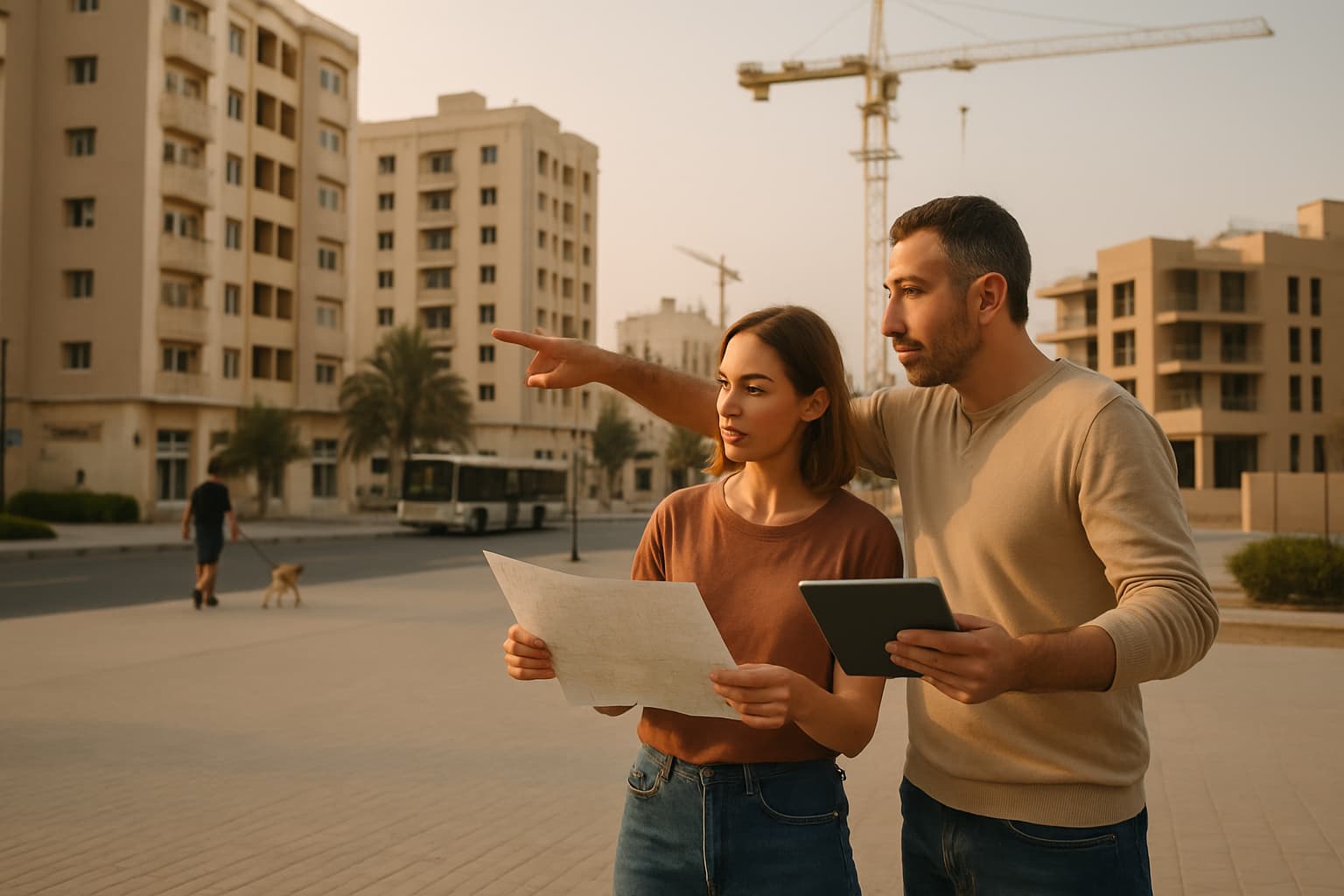 Two investors study a map and tablet in a Sharjah neighbourhood with mid-rise blocks and a construction crane.