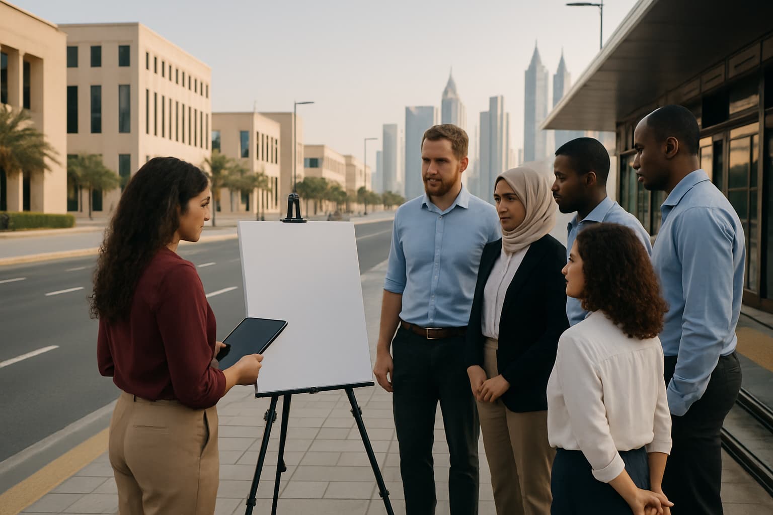 Group of professionals at a tram stop reviewing a blank chart, modern government district behind them.
